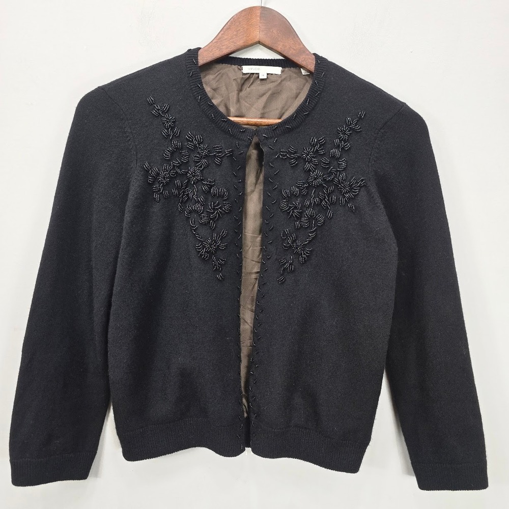 Vince Cardigan M Black Beaded Embellished 100% Cashmere Silk Lined Whimsigoth